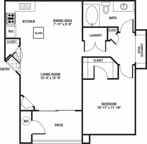 Floor plan for 1 bed, 1 bath, 773 sqft